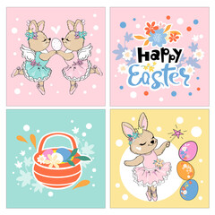 Happy easter vector illustration with cute bunnies, basket, easter eggs collection. Spring cards. Funny rabbits