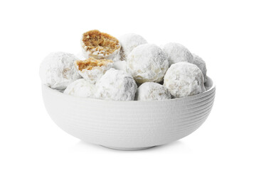 Fototapeta na wymiar Tasty Christmas snowball cookies in bowl isolated on white