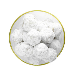 Fototapeta na wymiar Tasty Christmas snowball cookies in bowl isolated on white, top view