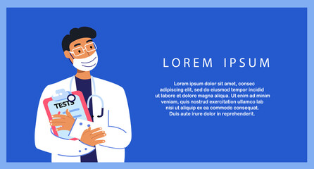 Happy male doctor with Medical Tests in Protective Mask. Cheerful cartoon physician on Clinical Hospital Poster. Therapist in medical uniform.Confident healthcare professional flat vector illustration