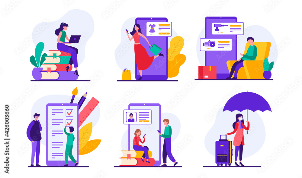 Poster set of flat style vector illustrations of cartoon characters of various people using mobile apps for