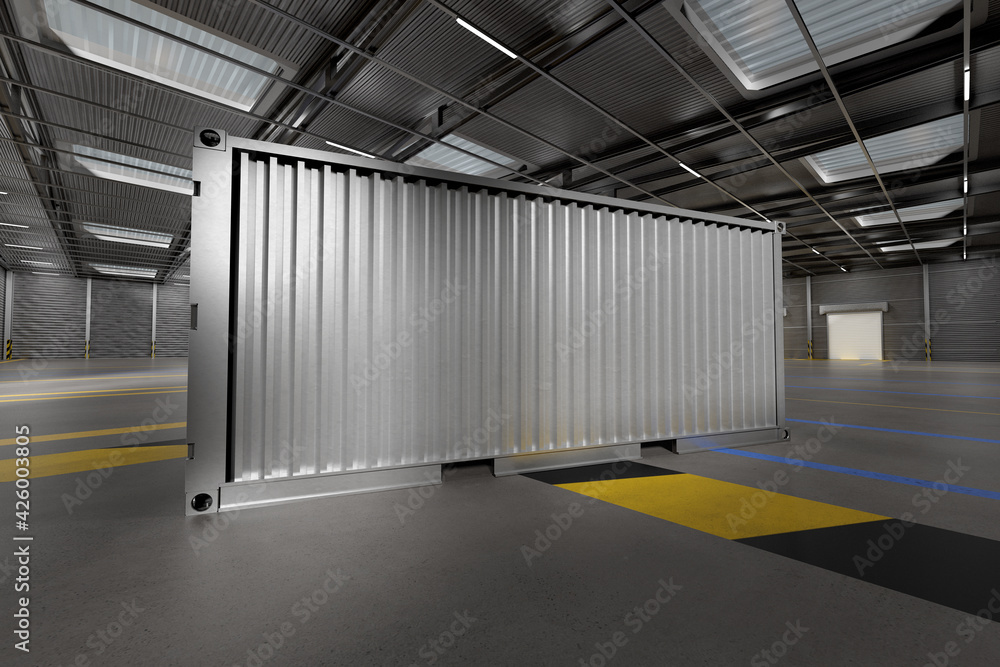 Poster mock up of a container on a warehouse - 3d rendering