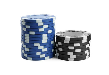 Plastic casino chips stacked on white background. Poker game