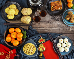 Top view of accessories decorations and food for the Lunar new year festival