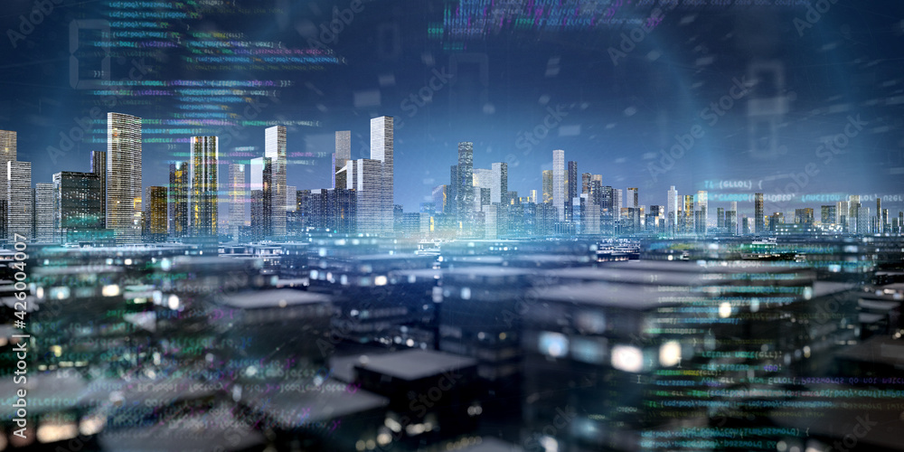 Poster Smart city with network and communication connection - 3d rendering