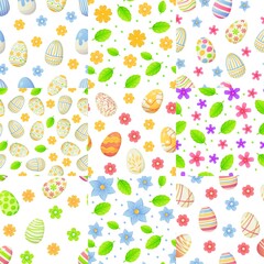 Fototapeta na wymiar Set of spring seamless patterns with Easter egg, flowers and leaves. Can be used as easter hunt element for web banners, posters and textures. Stock vector illustration in cartoon realistic style