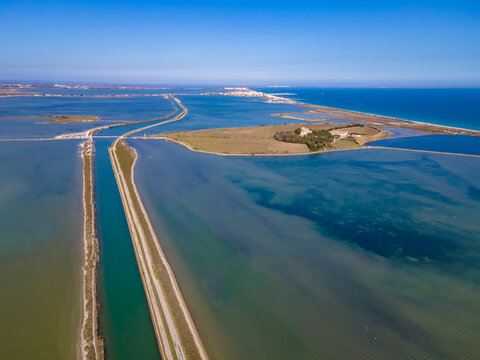 Aerial view of the coastline near Palavas les Flots showing the canals and lagoons in between to S&egrave;te 