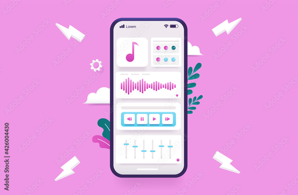 Poster creating music on smartphone - mobile phone with audio production app and pink background. vector il