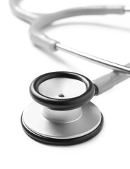 Modern stethoscope on white background, closeup view