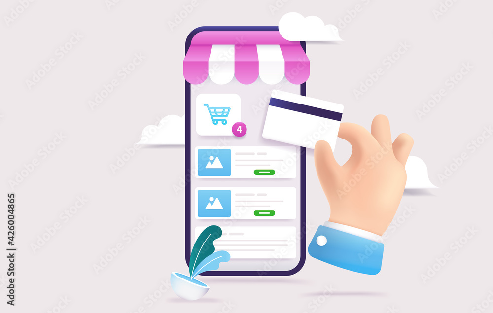 Aufkleber using credit card on online shop - hand paying for products on web shop with debit card. online shop