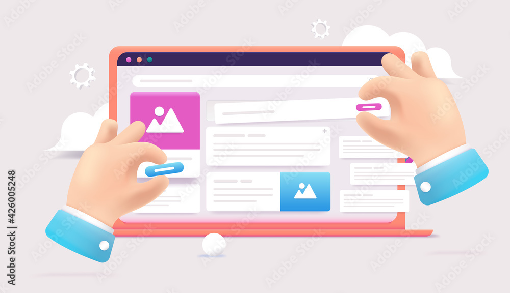 Poster UX design on computer screen - Hands designing user interface and experience on laptop, moving elements around. Web design concept, 3d vector illustration.