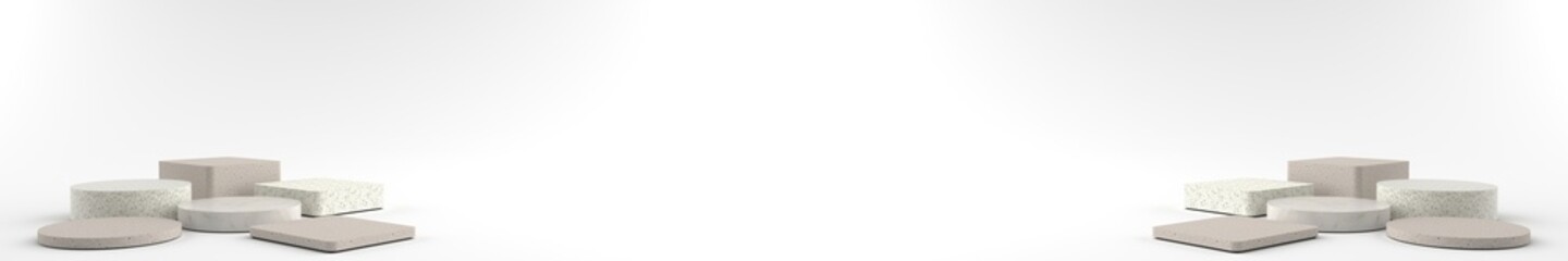 3D rendering of Round and Square marble Pedestal, Podium for display product on the white floor. Pedestal can be used for advertising, Isolated on white background, Product Presentation, illustration.