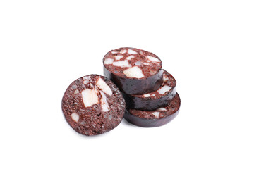 Slices of tasty blood sausage on white background