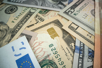 Macro shot od dollars. Shallow depth of field effect. Great Seal of the United States Logo.