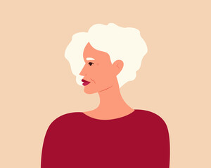 Portrait of a mature fashionable woman hair.Side view. Sad, depressed, lonely  senior woman concept. Vector illustration in flat style.