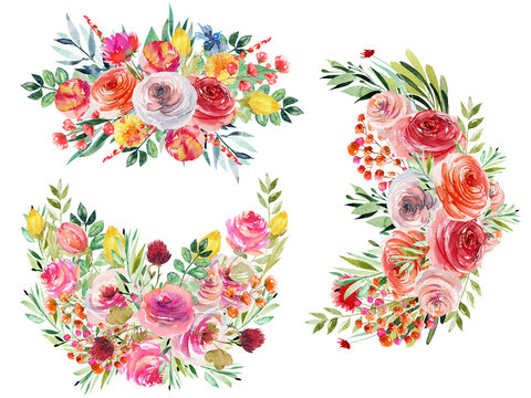 Set of watercolor summer floral bouquets and compositions of bright wildflowers, green leaves and branches; hand painted isolated illustrations on a white background