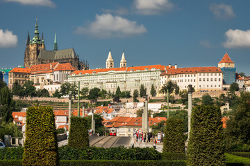 view of the old buildings, castle and cathedral under the blue sky