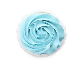 Baby shower cupcake with light blue cream isolated on white, top view