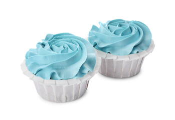Baby shower cupcakes with light blue cream on white background
