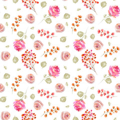 Watercolor tender pink roses and green rose leaves seamless pattern, illustration on white background
