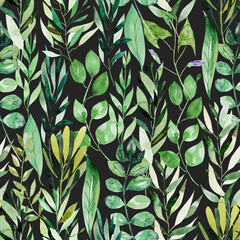 Watercolor seamless pattern of green leaves and branches, illustration on dark background