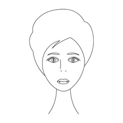 Vampire woman face. Sketch. The head of the girl in full face. Vector illustration. Short pixie haircut. Plump lips. Sharp fangs. Long eyelashes. Mysterious female portrait. Coloring book for children