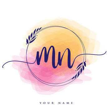 MN Initial handwriting logo. Hand lettering Initials logo branding, Feminine and luxury logo design isolated on colorful watercolor background.