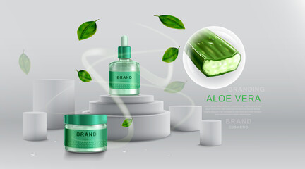 Cosmetics or skincare product. Bottle mockup and Aloe vera with geometric background. vector illustration.