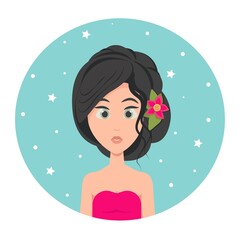 Young woman avatar with long hair folded in an elegant evening hairstyle and big green eyes, flower in her hair, vector illustration in flat style