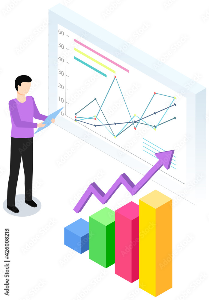 Poster man study complex diagram on background. indicators shown on statictical poster. guy works with data