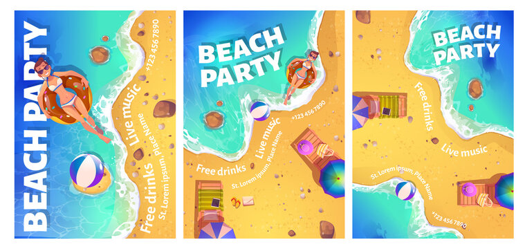 Beach party cartoon flyer with woman floating in ocean on inflatable ring top view. Invitation card or poster for summe rtime vacation entertainment with free drinks and live music vector illustration
