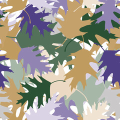 Vector seamless pattern with realistic oak leaves. Hand drawn nature background in pastel colors. Design for wallpaper, wrapping paper, invitation, seasonal greetings card.