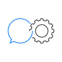 Chat industrial. Engranaje entrelazado con burbuja de habla con lineas de color gris y azul