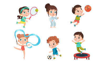Cute Kids Playing Basketball, Jumping on Trampoline, Playing Football and Doing Karate Vector Set