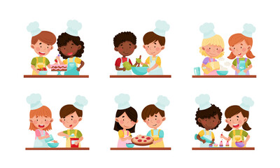 Happy Boy and Girl Chef Characters Wearing Apron and Hat Cooking Pizza and Baking Pastry Together Vector Set