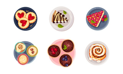 Desserts with Cupcake, Cinnamon Bun and Cheesecake Served on Plate Vector Set