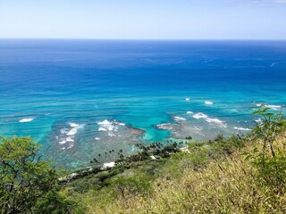 Oahu island, sea view from the top, pure blue water of the Pacific ocean, wallpaper, travel postcard