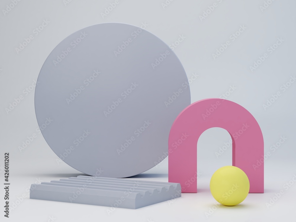 Poster gray and yellow minimal podium with geometrical forms to show a product. minimal scene with podium a