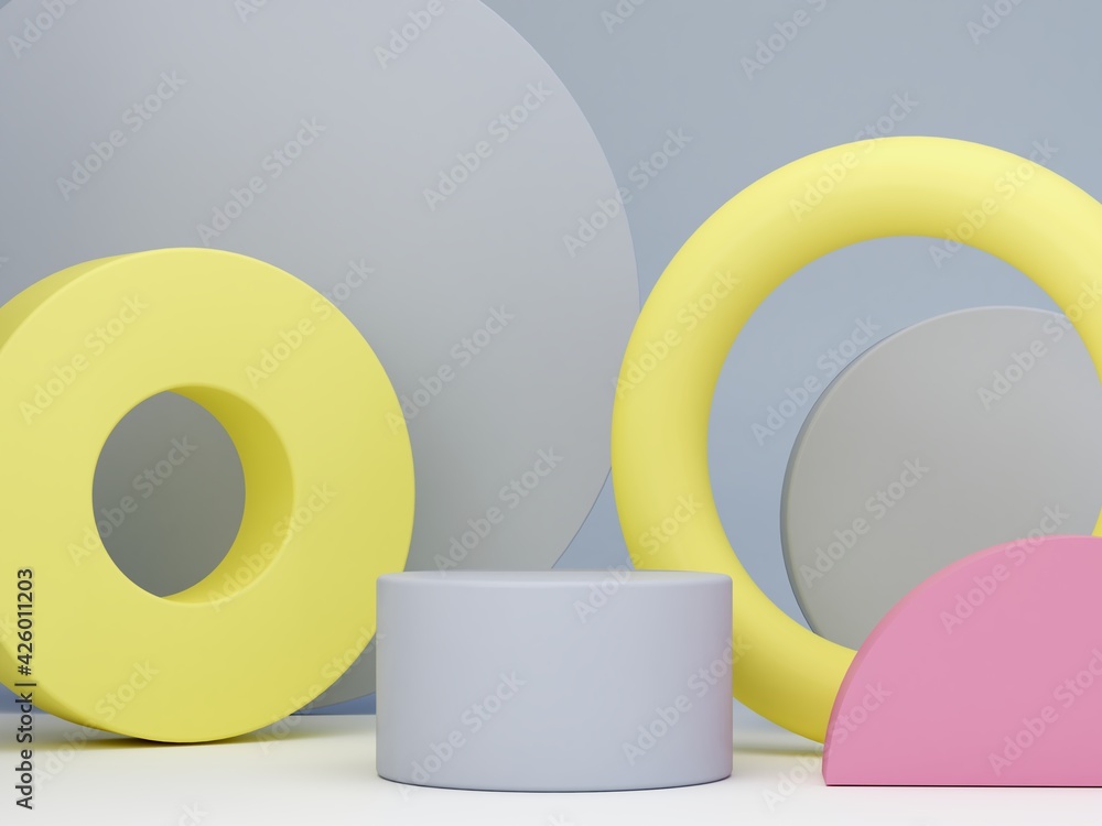 Poster gray and yellow minimal podium with geometrical forms to show a product. minimal scene with podium a