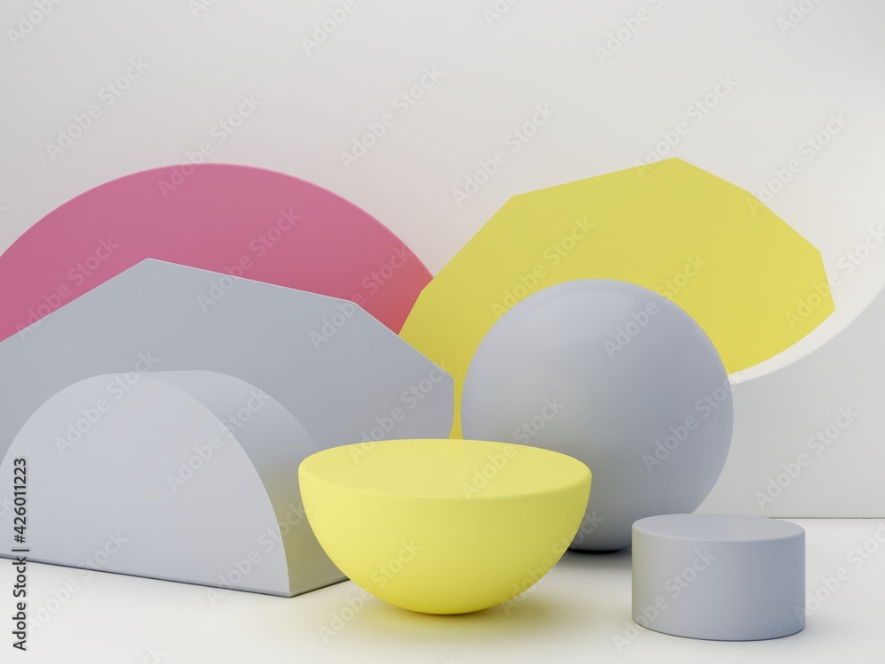 Poster gray and yellow minimal podium with geometrical forms to show a product. minimal scene with podium a