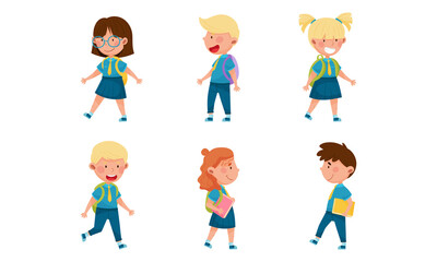 Boy and Girl Characters Wearing School Uniform and Backpack Walking to School Vector Illustration Set