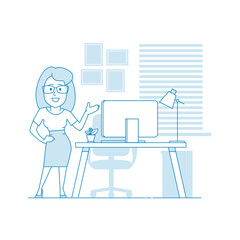 We're hiring. Character - a woman with glasses invites you to work in a comfortable and modern office. Convenient workplace with laptop, lamp and potted plant. Illustration Vector line art.