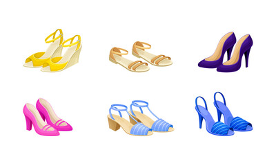 Fototapeta premium Womens Shoes with High Heels and Flat Sole Vector Set