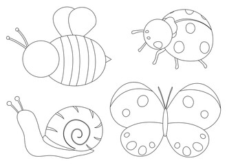 Set of insects graphics black and white vector illustration. Bee Ladybug Snail Butterfly doodle