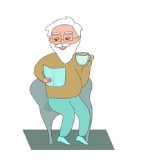 The old man reads a book and drinks coffee 
