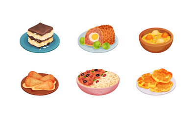 Cuban Food with Rolled Meat of Forcemeat and Rice Vector Set