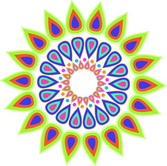 Colorful mandala with blue green, orange, teal and pink color