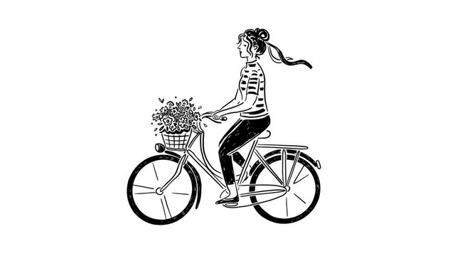 Cute hand drawn animation. Black outline concept. Girl ride on bicycle with flowers. Cartoon character in sketch style. Beautiful vacation. Monochrome clip-art. Ink art. Footage with alpha channel