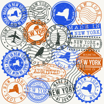 New York, NY, USA Set of Stamps. Travel Passport Stamps. Made In Product. Design Seals in Old Style Insignia. Icon Clip Art Vector Collection.