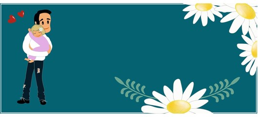 Blue banner with daisies for Father's Day. Happy dad holds his beloved daughter in his arms. The baby hugs her father. Flat vector illustration. Background with space for text.